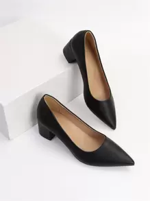 Point Toe Chunky Heeled Court Pumps, Black Elegant Solid Color Women's High Heel Shoes,Elegant - Black - View 1