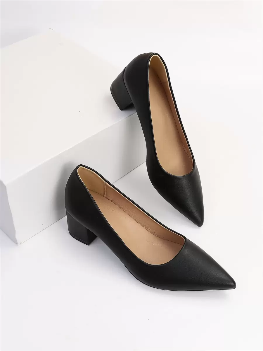 Point Toe Chunky Heeled Court Pumps, Black Elegant Solid Color Women's High Heel Shoes,Elegant - Black - View 1