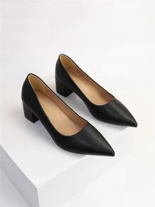Point Toe Chunky Heeled Court Pumps, Black Elegant Solid Color Women's High Heel Shoes,Elegant - Black - View 3