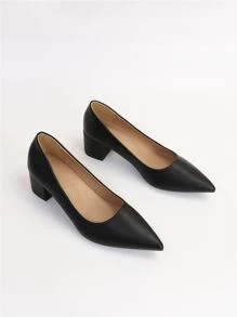 Point Toe Chunky Heeled Court Pumps, Black Elegant Solid Color Women's High Heel Shoes,Elegant - Black - View 5