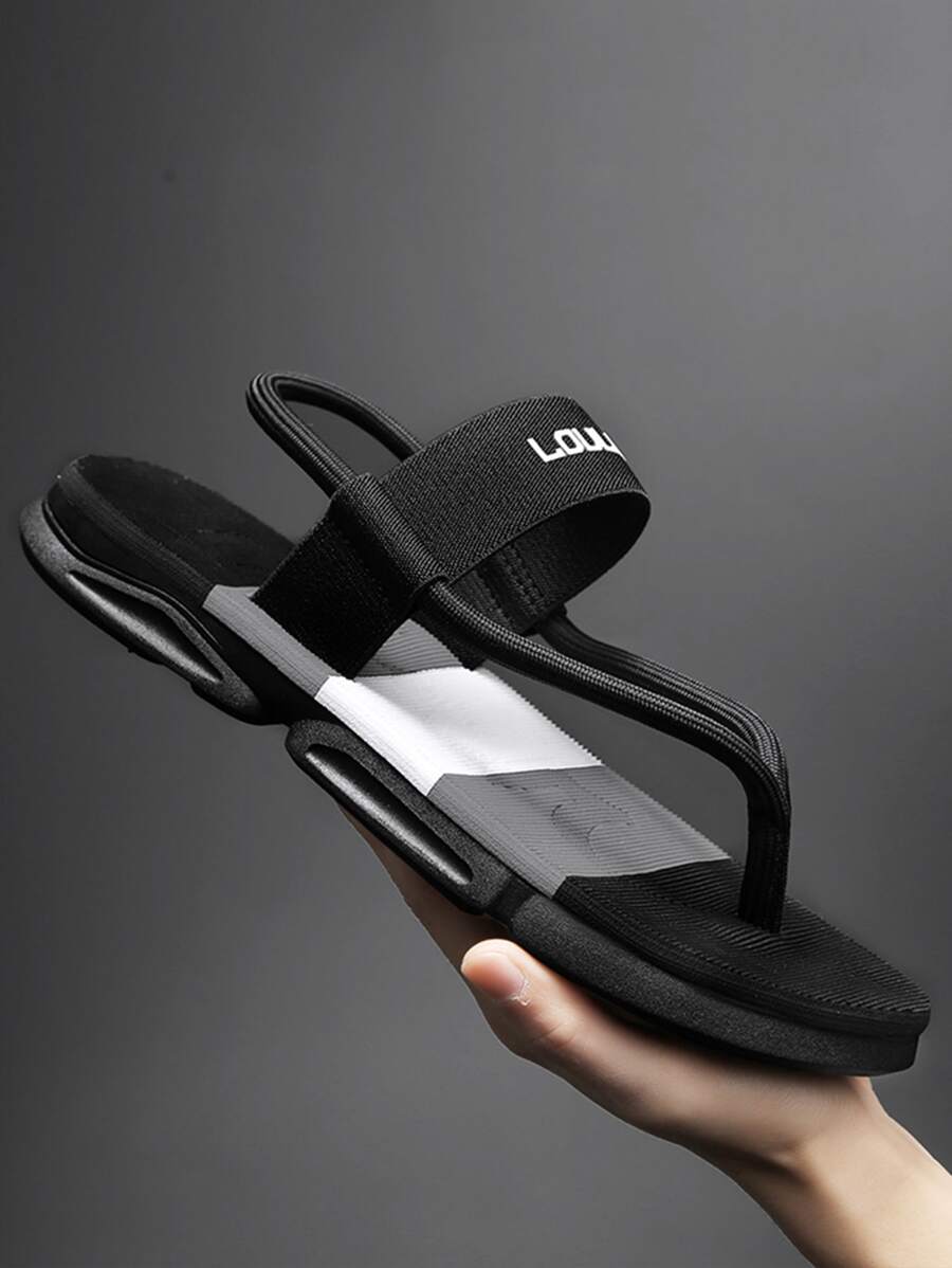 男士字母圖案T字帶涼鞋 - 黑色 - 查看 1