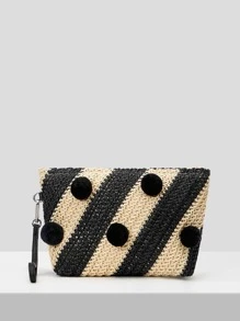 雙色絨球裝飾草編包帶腕帶