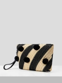 雙色絨球裝飾草編包帶腕帶