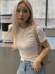 DAZY Solid Round Neck Tee,Crop Tops Women Preppy Tops - White - View 1