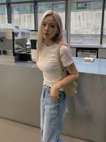 DAZY Solid Round Neck Tee,Crop Tops Women Preppy Tops - White - View 4