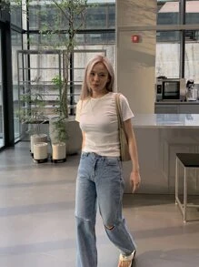 DAZY Solid Round Neck Tee,Crop Tops Women Preppy Tops - White - View 5