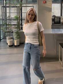 DAZY Solid Round Neck Tee,Crop Tops Women Preppy Tops - White - View 7