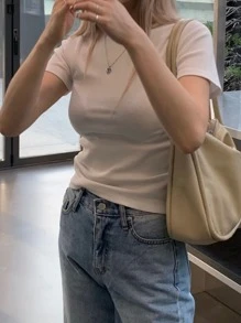 DAZY Solid Round Neck Tee,Crop Tops Women Preppy Tops - White - View 8