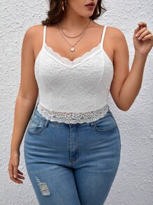 SHEIN Privé Áo hai dây Plus Size Tương phản ren màu trơn Giải trí - trắng - Xem 1
