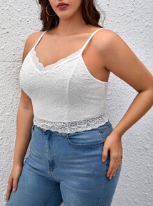 SHEIN Privé Áo hai dây Plus Size Tương phản ren màu trơn Giải trí - trắng - Xem 5