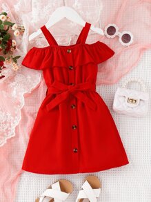 SHEIN 少女冷肩荷葉邊腰帶連衣裙 - 紅色 - 查看 1