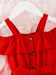 SHEIN 少女冷肩荷葉邊腰帶連衣裙 - 紅色 - 查看 5