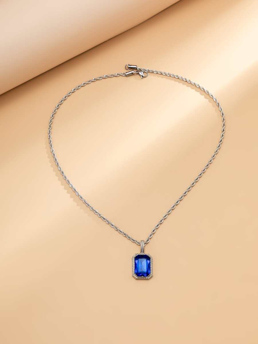 Fashionable and Popular Men Gemstone Charm Necklace Stainless Steel for Jewelry Gift and for a Stylish Look - Silver - View 1