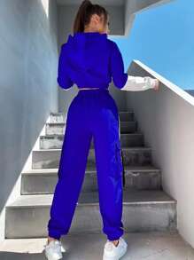 SHEIN Unity Cazadora de color combinado en contraste con cinta con letra de hombros caídos con capucha con pantalones - Azul y blanco - Ver 2