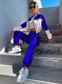SHEIN Unity Cazadora de color combinado en contraste con cinta con letra de hombros caídos con capucha con pantalones - Azul y blanco - Ver 7