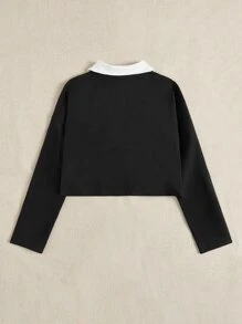 SHEIN EZwear Áo thun nữ Tương phản ren Nút phía trước Khối Màu Lá thư Giải trí - màu đen - Xem 2