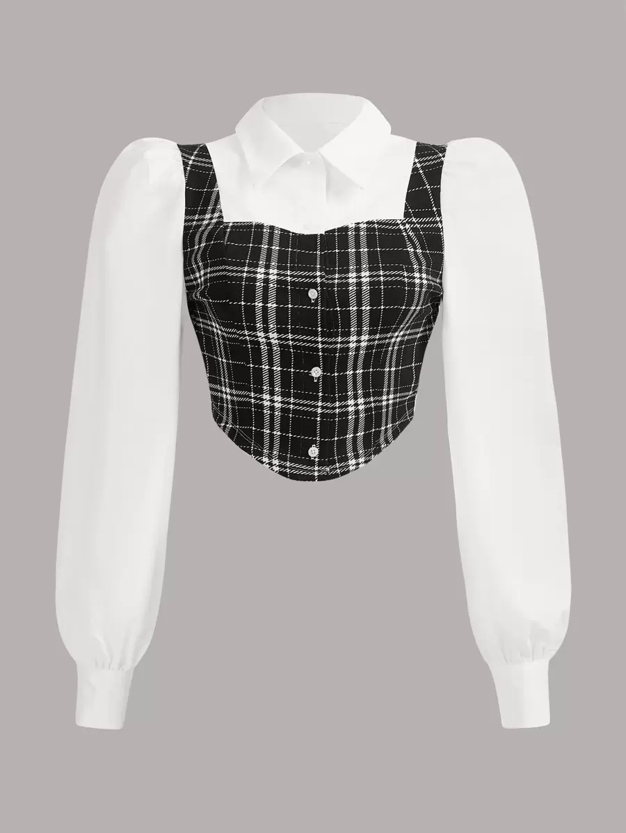 SHEIN EZwear 格紋圖案假兩件不對稱下擺短款襯衫 - 黑與白 - 查看 1