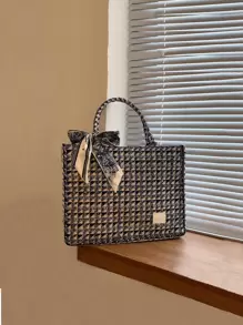 Gran capacidad, ligero, portátil, informal, a la moda, con decoración de bufanda Twilly, bolso con asa superior de tweed para niñas, mujeres, estudiantes universitarios, novatos y trabajadores administrativos para otoño e invierno, invierno cálido, para otoño, esencial para el invierno, para el trabajo, la oficina, los desplazamientos , Bolso de mano de tweed de moda universitaria, bolso de hombro de gran capacidad, bolso de viaje para mujer
