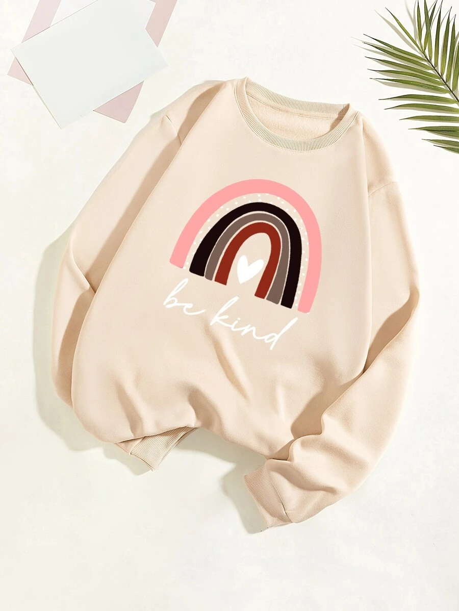 SHEIN EZwear Rainbow & Slogan Graphic Thermal Lined Sweatshirt - Apricot - View 1