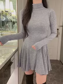 DAZY Solid High Neck Godet Hem Dress,Mini Dress,Fall Women Clothes