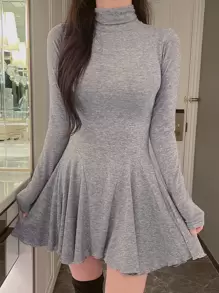 DAZY Solid High Neck Godet Hem Dress,Mini Dress,Fall Women Clothes