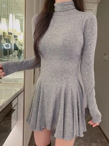 DAZY Solid High Neck Godet Hem Dress,Mini Dress,Fall Women Clothes