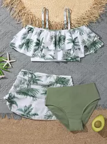 Tween Girl Tropical Print Ruffle Hem Bikini Set With Beach Skirt Summer Beach - Multicolor - View 1