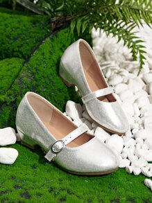 Girls Metallic Buckle Decor Mary Jane Flats - Silver - View 3