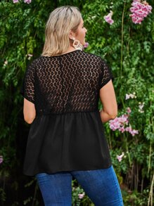 SHEIN Privé Plus Contrast Lace Batwing Sleeve Peplum Top - Black - View 5