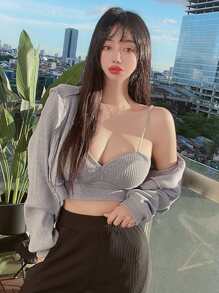 DAZY 素色條紋針織連帽短夾克和吊帶上衣 - 灰色 - 查看 5