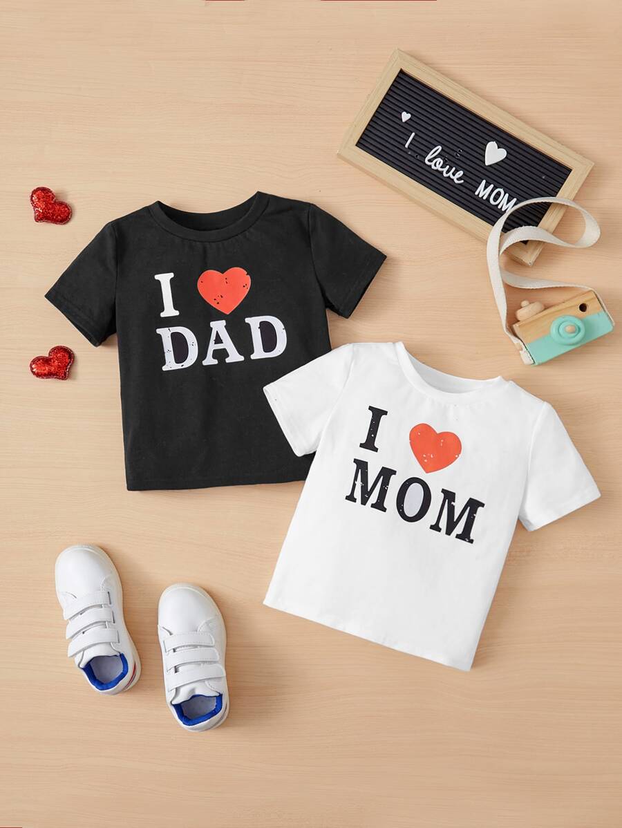 SHEIN Baby 2pcs Heart & Slogan Graphic Tee - Black and White - View 1