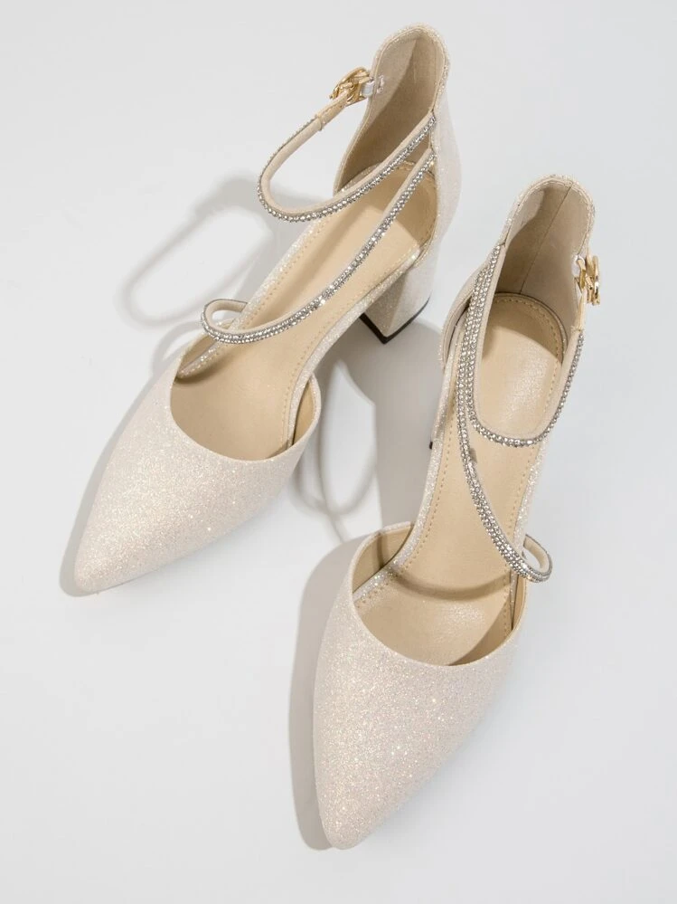 Bombas de tacón grueso con puntera decorada con rhinestones para mujer, elegantes bombas de fiesta con tira de tobillo con brillo, glamorosas - Albaricoque - Añade 3