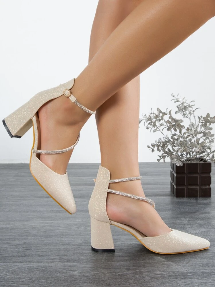 Bombas de tacón grueso con puntera decorada con rhinestones para mujer, elegantes bombas de fiesta con tira de tobillo con brillo, glamorosas - Albaricoque - Añade 5