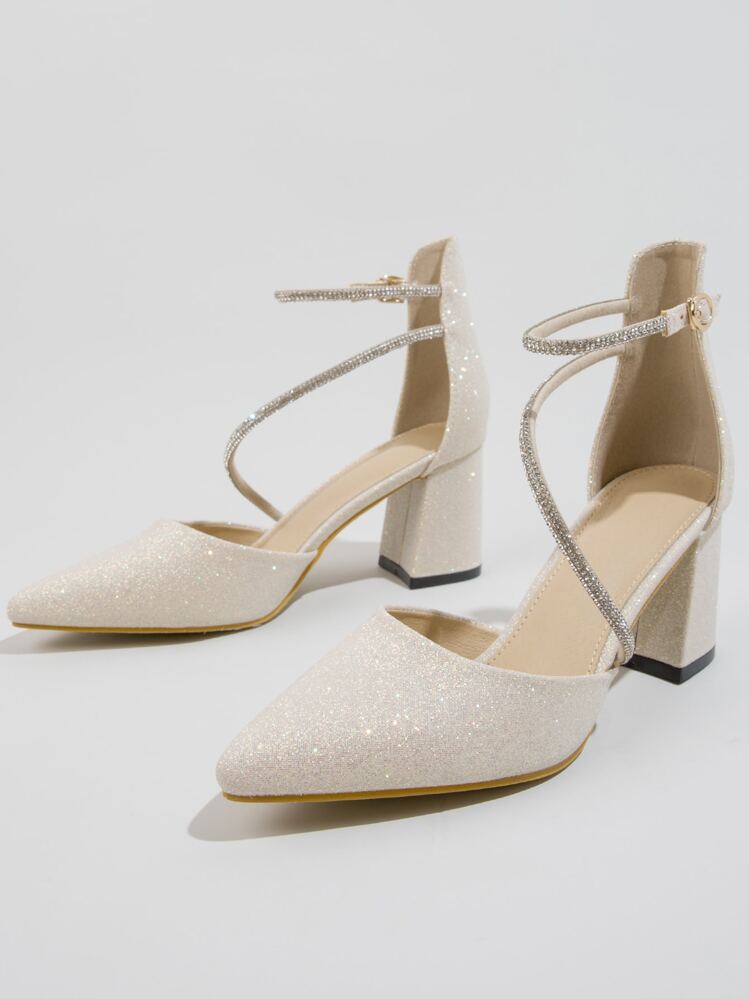Bombas de tacón grueso con puntera decorada con rhinestones para mujer, elegantes bombas de fiesta con tira de tobillo con brillo, glamorosas - Albaricoque - Añade 4