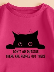 SHEIN EZwear Slogan & Cat Print Thermal Pullover - Hot Pink - View 3