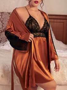 con encaje en contraste con cinturón de satén Bata & Vestido de tirantes Conjunto de pijama - Amarillo Mostaza - Ver 5