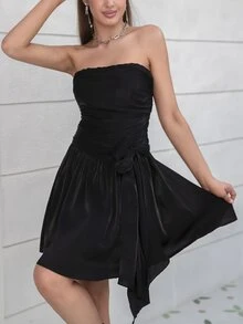 D&M Ruched Knot Side Tube Dress Graduation Dress Short Dresses - Black - View 5
