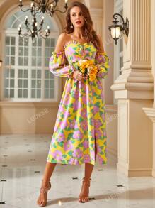 S BETRO Floral Print Off Shoulder Lantern Sleeve Ruched Bust Split Thigh Dress