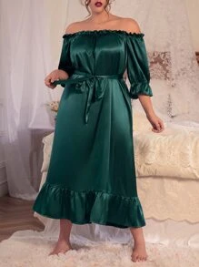 大碼一字肩荷葉袖荷葉邊腰帶緞面睡裙