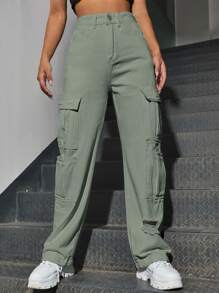 SHEIN EZwear High Waist Flap Pocket Ripped Jeans - Mint Green - View 5