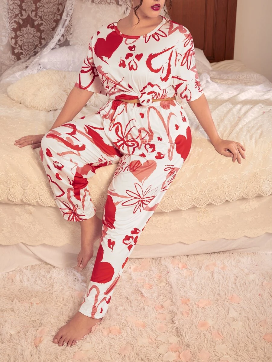 Plus Heart Print PJ Set - Red and White - View 1