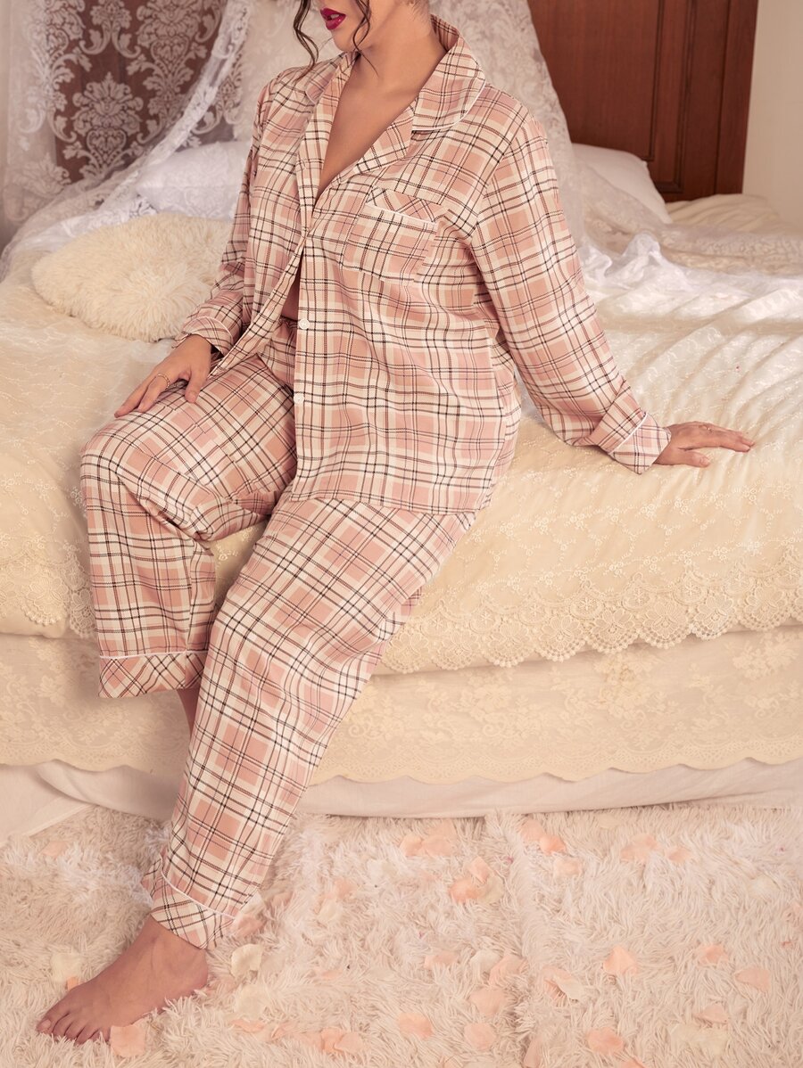 Conjunto de pijama con estampado de cuadros ribete en contraste - Rosa coral - Ver 1