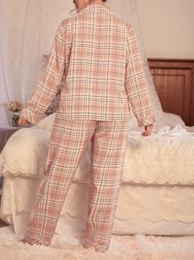 Conjunto de pijama con estampado de cuadros ribete en contraste - Rosa coral - Ver 2