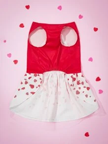 1 pieza Vestido para mascota, vestido con estampado de corazón y lazo en la cintura, vestido de malla, adecuado para perros pequeños/medianos, gatos, disfraz de día de San Valentín, regalo de día de San Valentín - Rojo - Ver 3