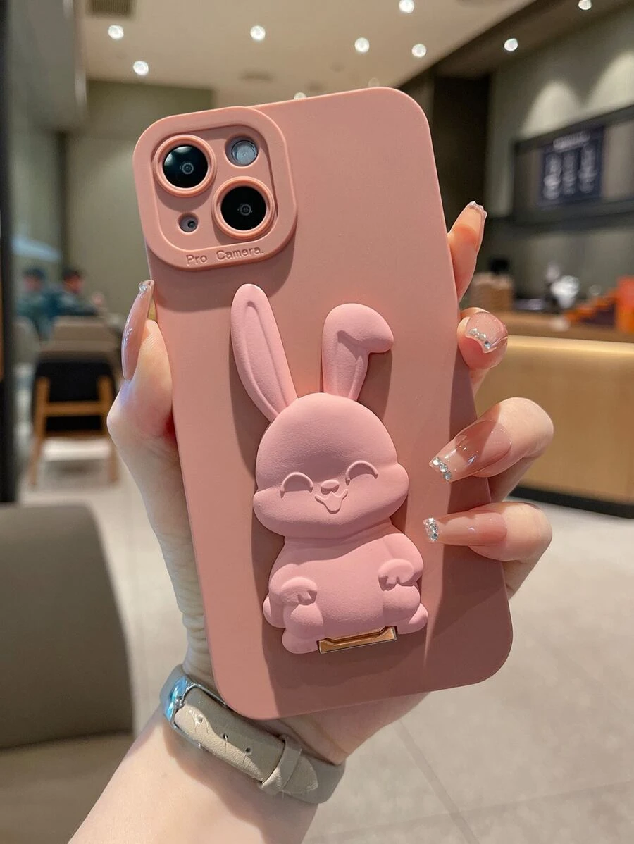 Capa de telefone lisa com design coelho Suportes - Rosa Empoeirado - Ver 1