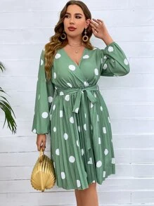 SHEIN LUNE 大碼波點圖案燈籠袖交叉領百褶下擺繫腰帶連衣裙 - 薄荷綠 - 查看 3