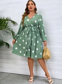 SHEIN LUNE 大碼波點圖案燈籠袖交叉領百褶下擺繫腰帶連衣裙 - 薄荷綠 - 查看 4