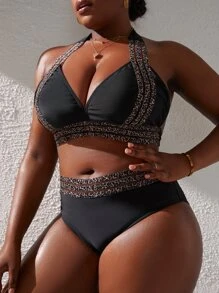 SHEIN Slayr Conjunto de bikini de talla grande con ribete de leopardo, atado detrás del cuello y sin espalda para la playa en verano - Negro - Ver 4