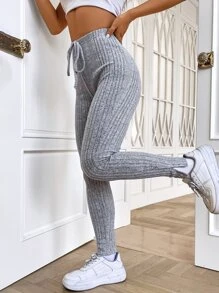 SHEIN EZwear 前打結下擺開叉條紋針織緊身打底褲 - 淺灰色 - 查看 1