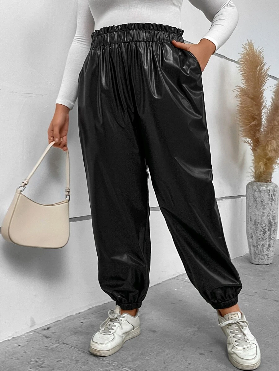Flirla Plus Paperbag Waist PU Leather Trousers - Black - View 1
